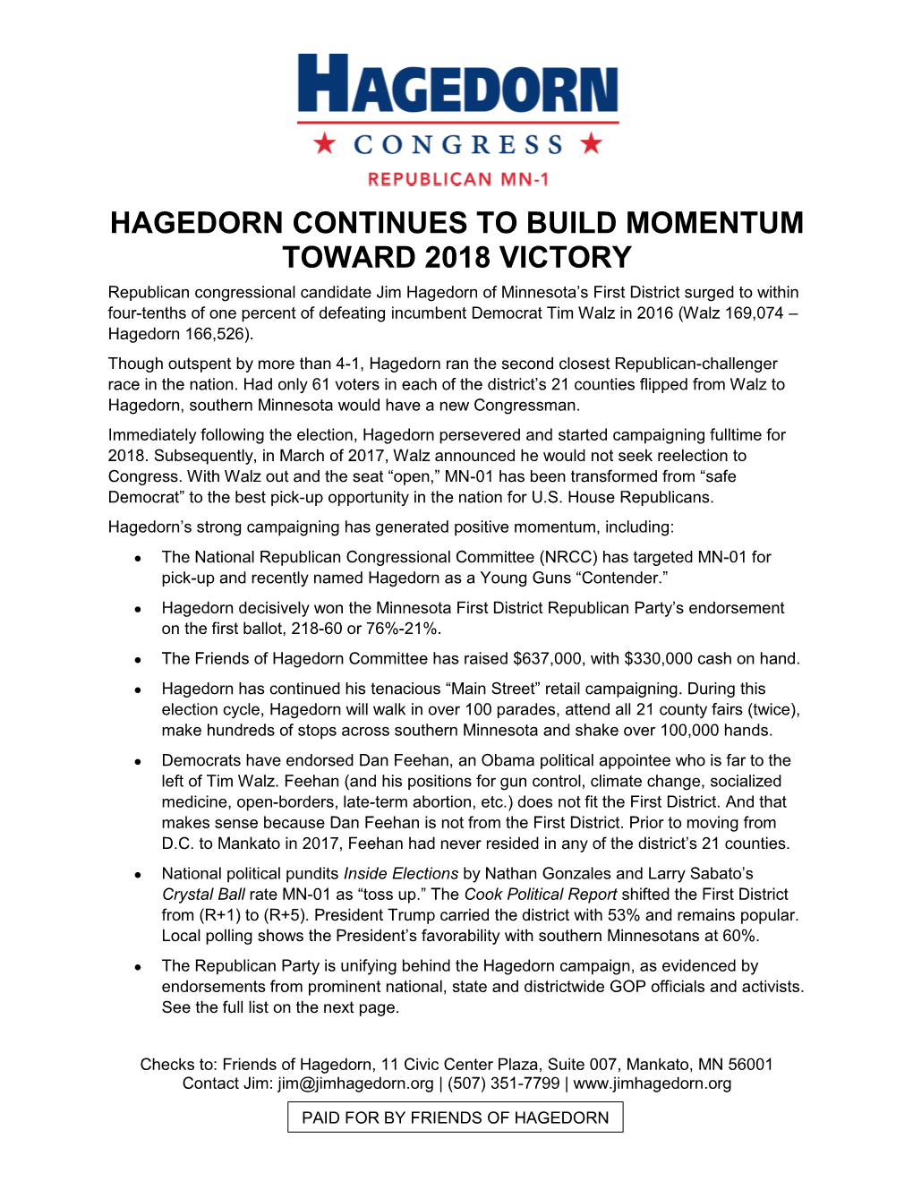 Hagedorn Continues to Build Momentum Toward 2018