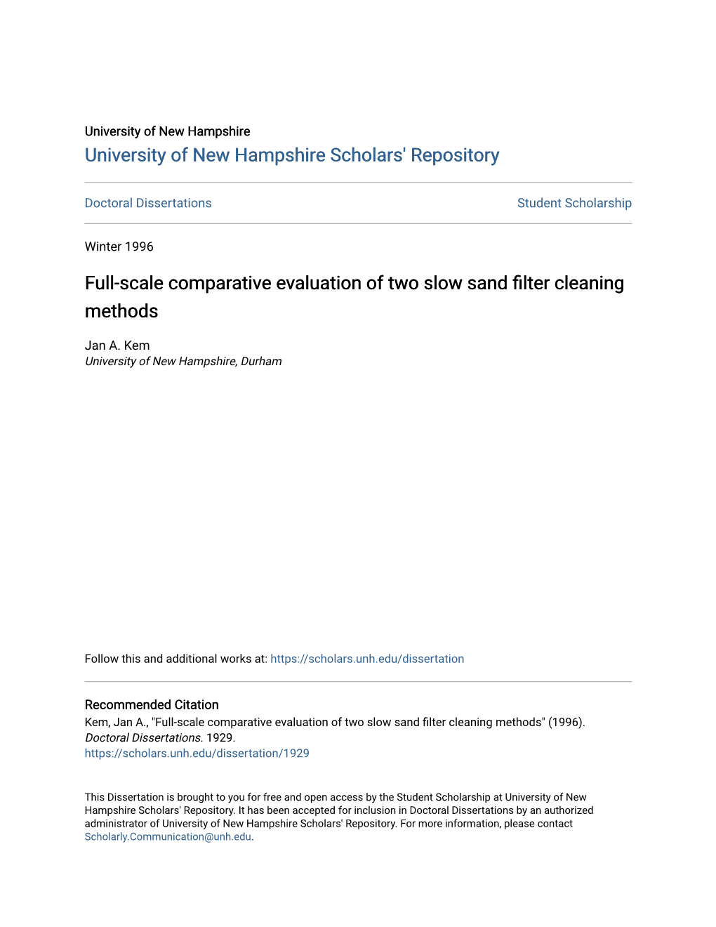 Full-Scale Comparative Evaluation of Two Slow Sand Filter Cleaning Methods