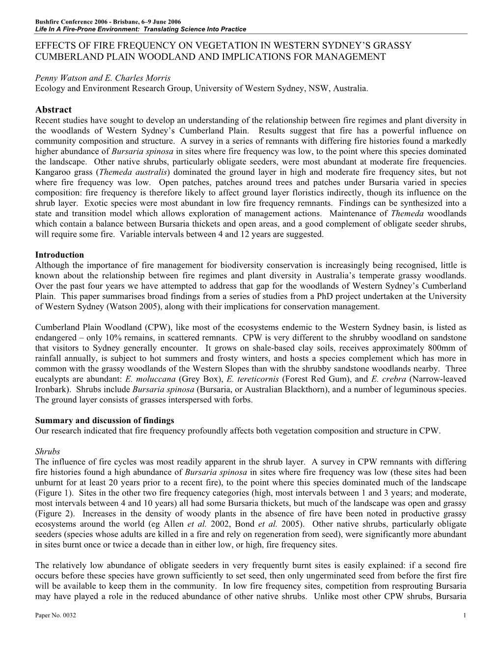 Effects of Fire Frequency on Vegetation in Western Sydney's Grassy Cumberland Plain Woodland And