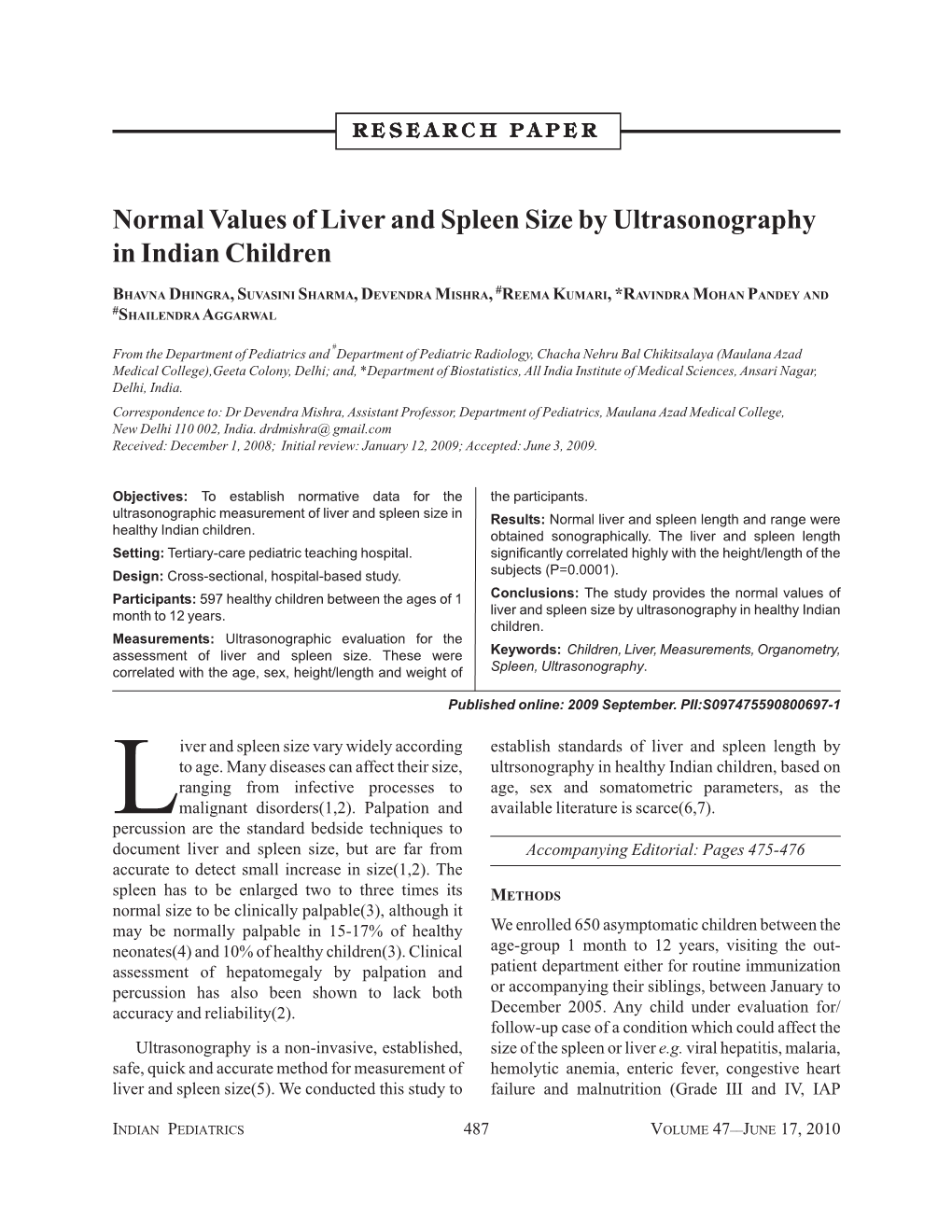 Normal Values of Liver and Spleen Size by Ultrasonography in Indian Children