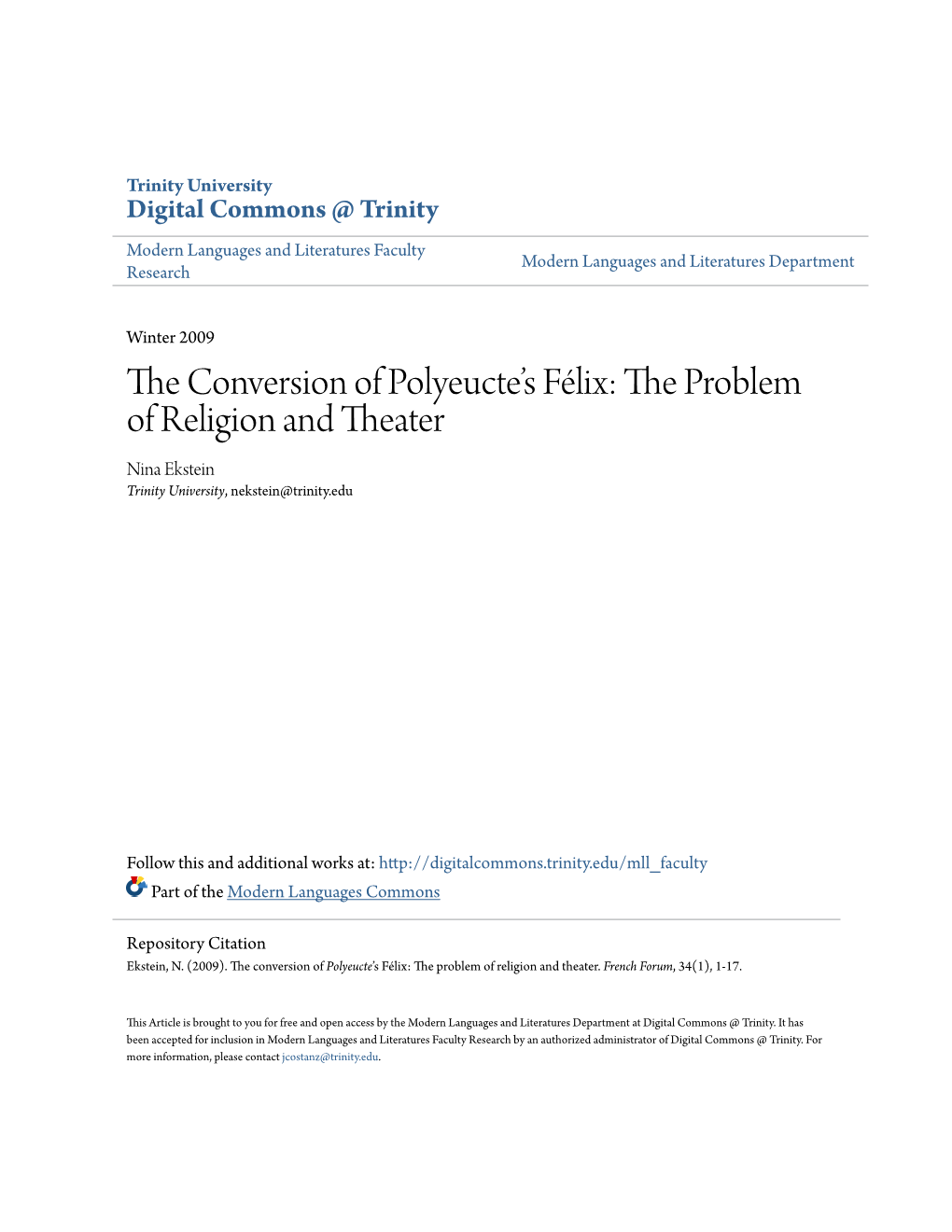 The Conversion of Polyeucte's Félix: the Problem of Religion and Theater