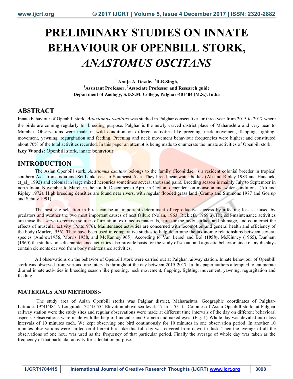 Preliminary Studies on Innate Behaviour of Openbill Stork