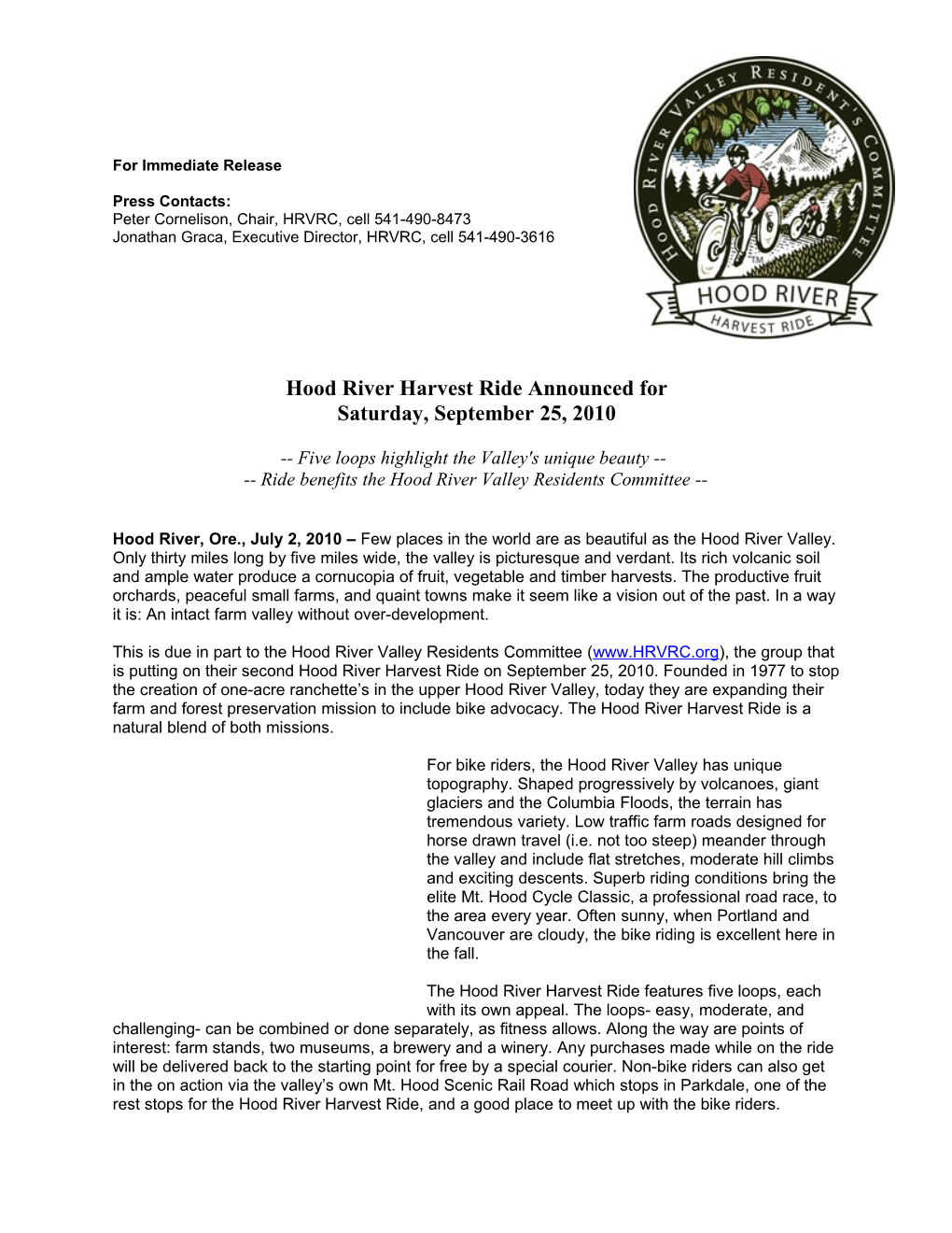 Hood River Harvest Ride Announced For