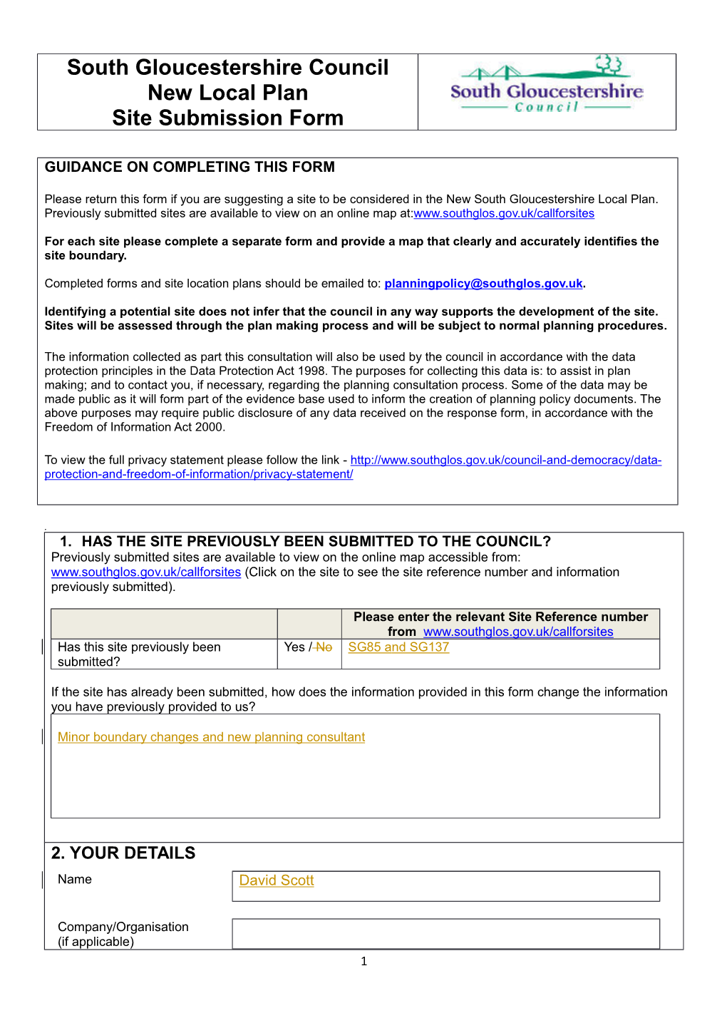 South Gloucestershire Council New Local Plan Site Submission Form