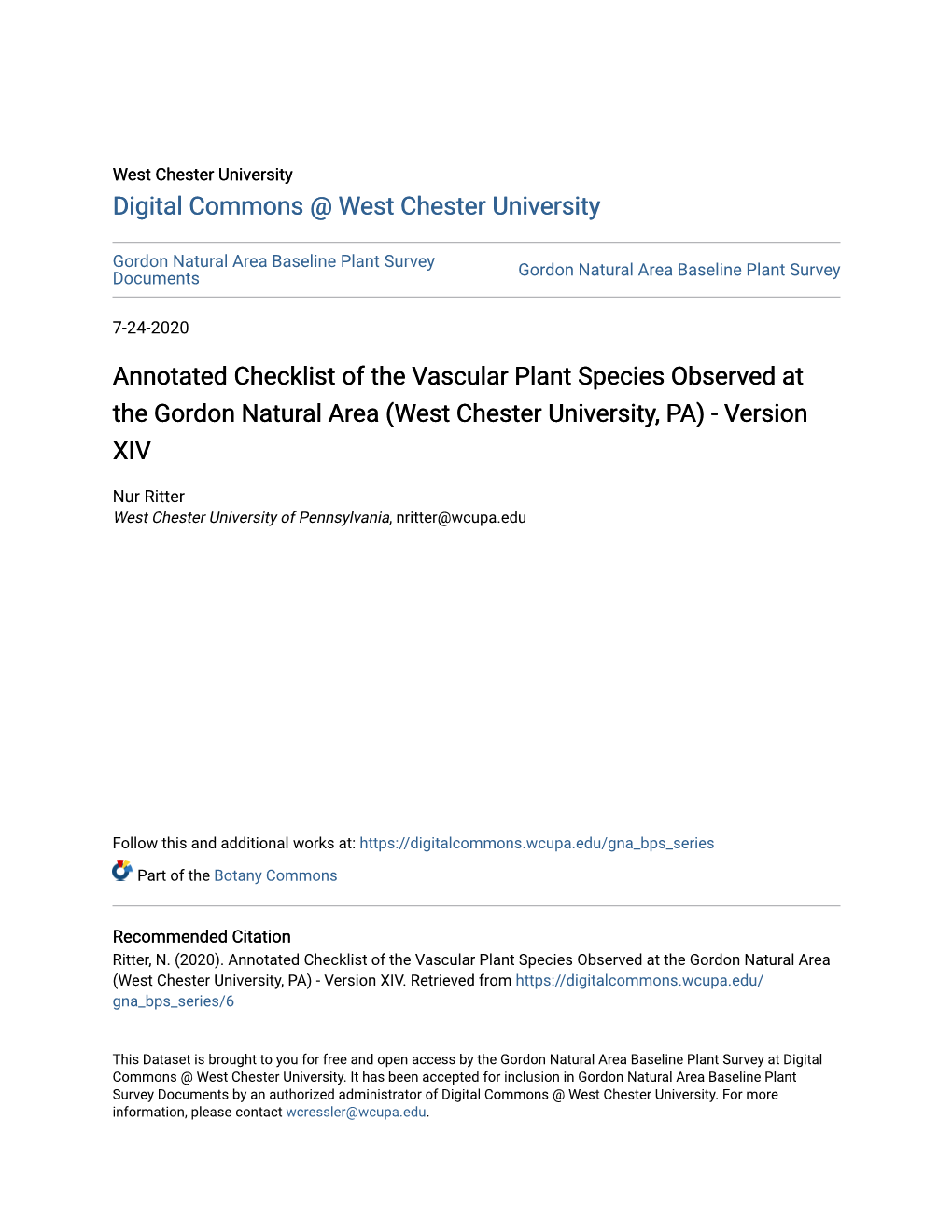 Annotated Checklist of the Vascular Plant Species Observed at the Gordon Natural Area (West Chester University, PA) - Version XIV