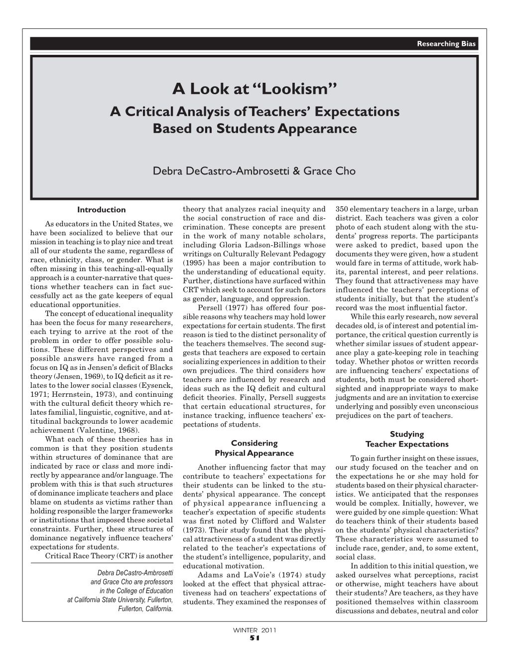 A Look at “Lookism”: a Critical Analysis of Teachers' Expectations Based on Students Appearance