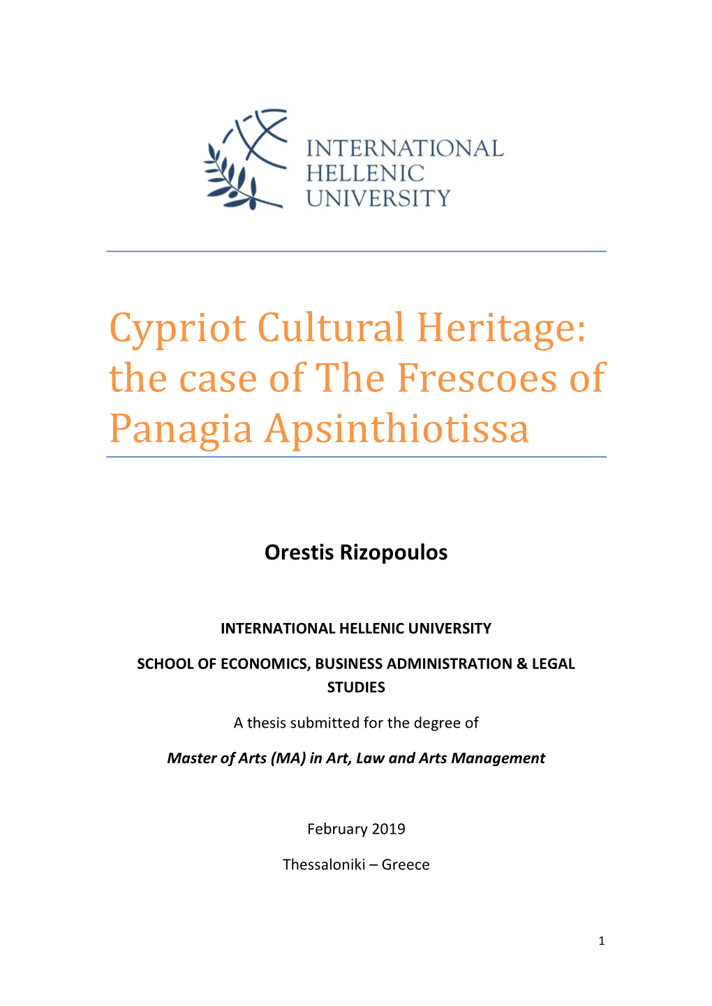 Cypriot Cultural Heritage: the Case of the Frescoes of Panagia Apsinthiotissa