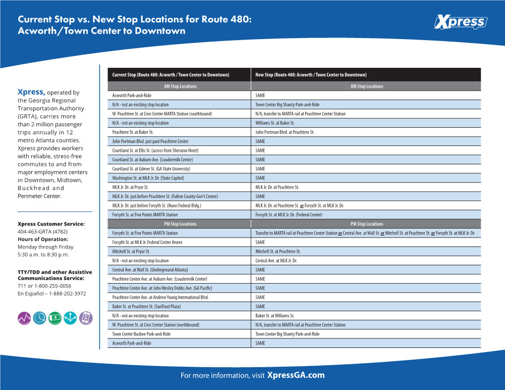 Current Stop Vs. New Stop Locations for Route 480: Acworth/Town Center to Downtown