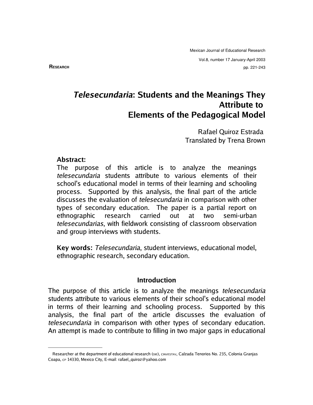 Telesecundaria: Students and the Meanings They Attribute to Elements of the Pedagogical Model