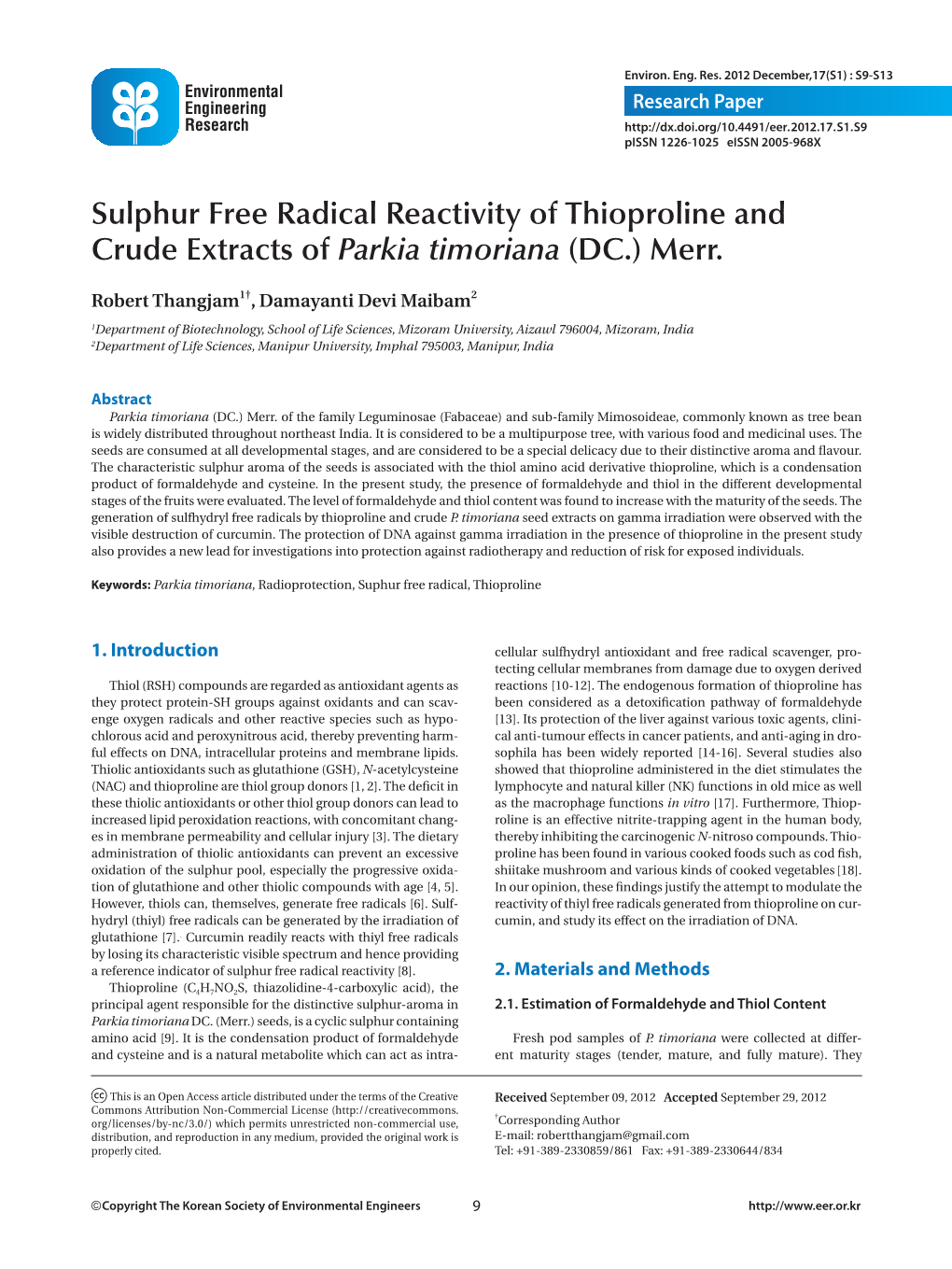 Sulphur Free Radical Reactivity of Thioproline and Crude Extracts of Parkia Timoriana (DC.) Merr