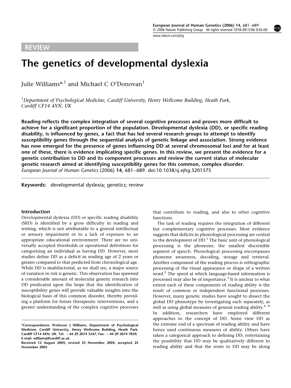 The Genetics of Developmental Dyslexia