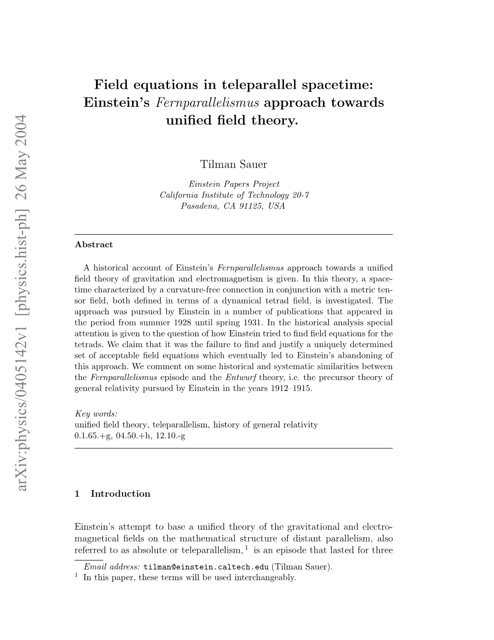 Field Equations in Teleparallel Spacetime: Einstein's