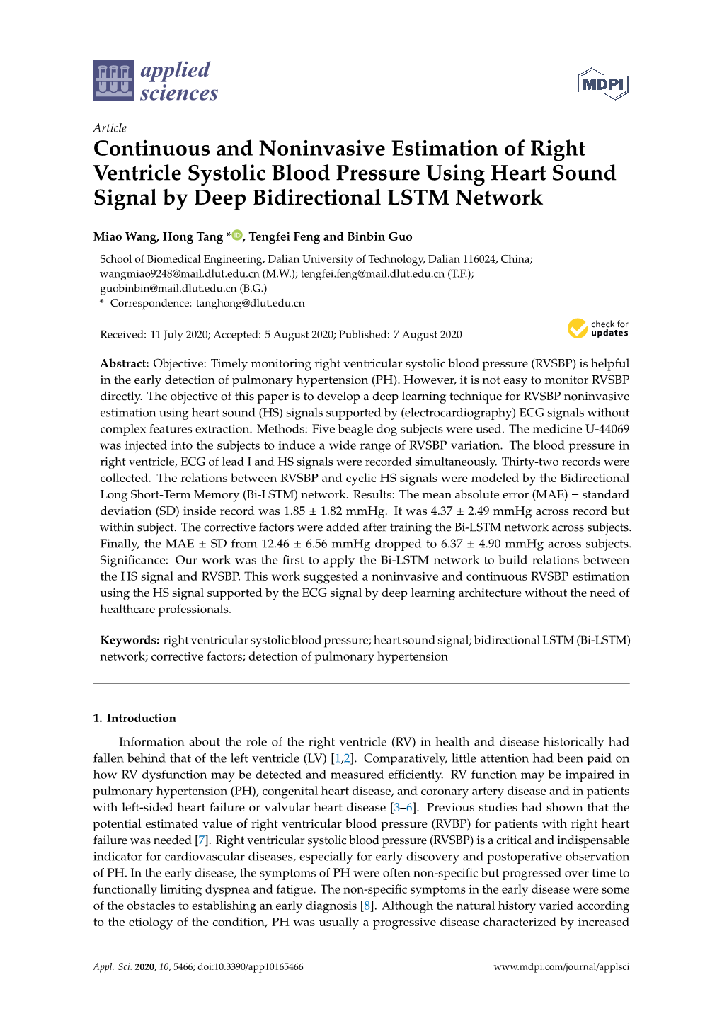 Continuous and Noninvasive Estimation of Right Ventricle Systolic Blood Pressure Using Heart Sound Signal by Deep Bidirectional LSTM Network