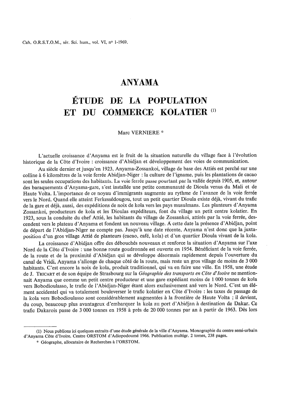 Anyama Étude De La Population Et Du Commerce Kolatier"'