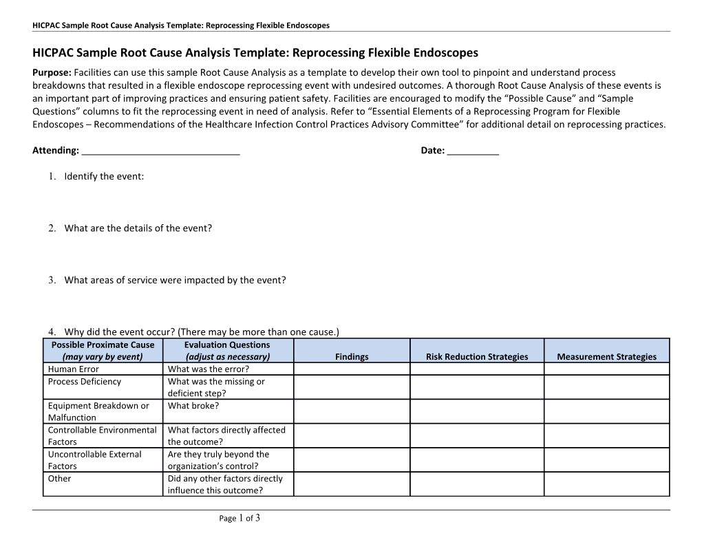 HICPAC Sample Root Cause Analysis Template: Reprocessing Flexible Endoscopes