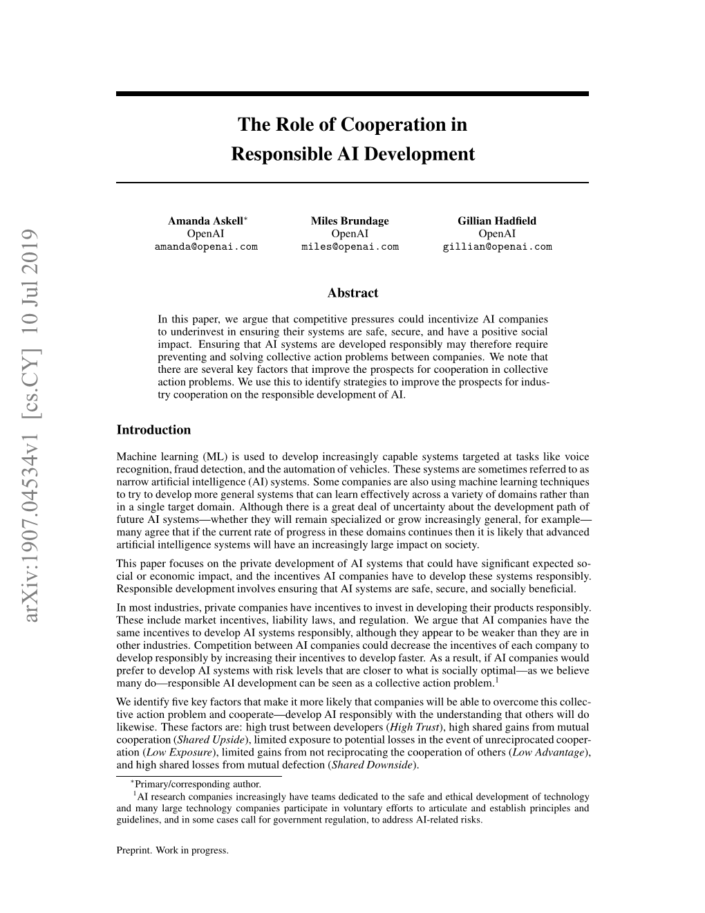 The Role of Cooperation in Responsible AI Development