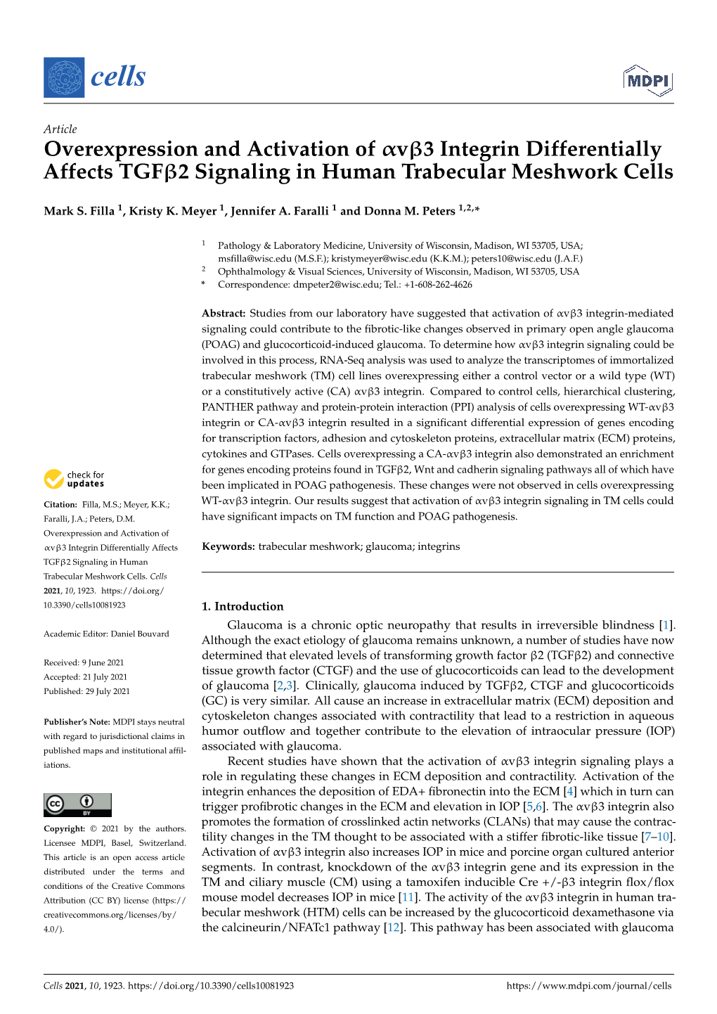 Overexpression and Activation of Αvβ3 Integrin Differentially Affects Tgfβ2 Signaling in Human Trabecular Meshwork Cells