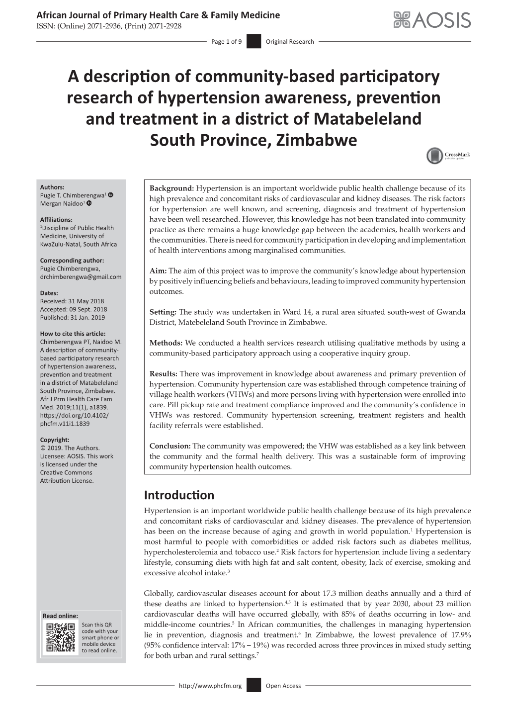 A Description of Community-Based Participatory Research of Hypertension Awareness, Prevention and Treatment in a District of Matabeleland South Province, Zimbabwe