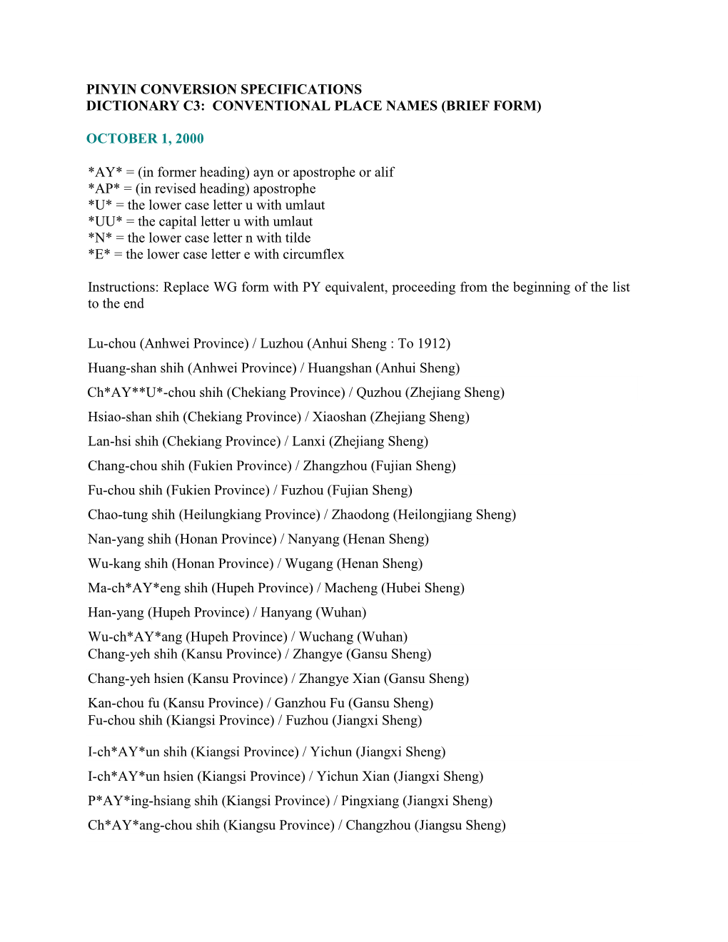 Pinyin Conversion Specifications Dictionary C3: Conventional Place Names (Brief Form)