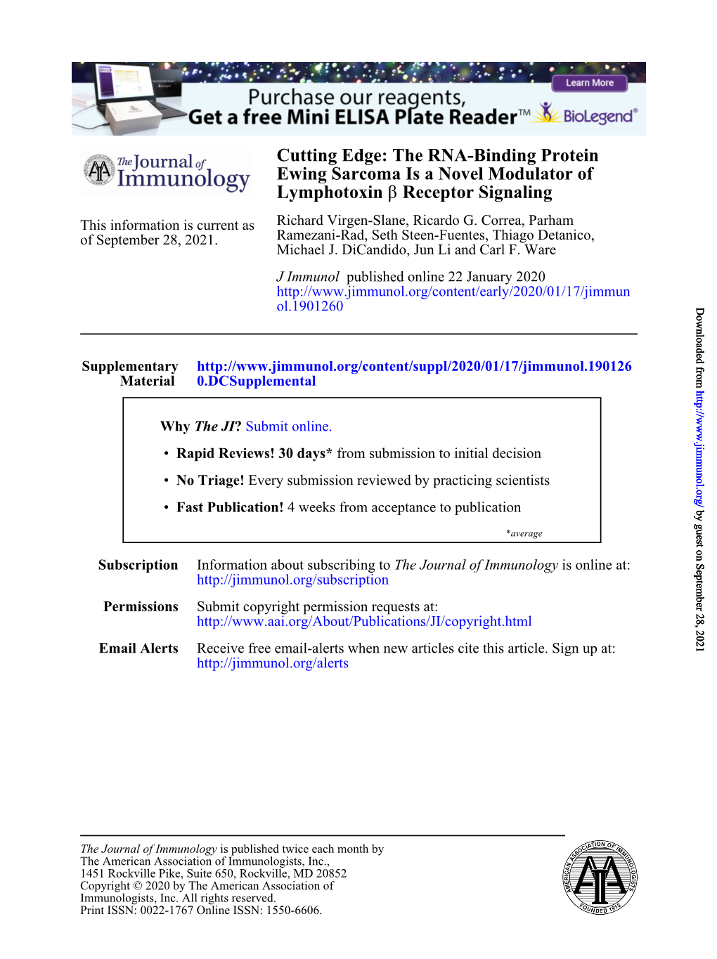 The RNA-Binding Protein Ewing Sarcoma Is a Novel Modulator of Lymphotoxin Β Receptor Signaling