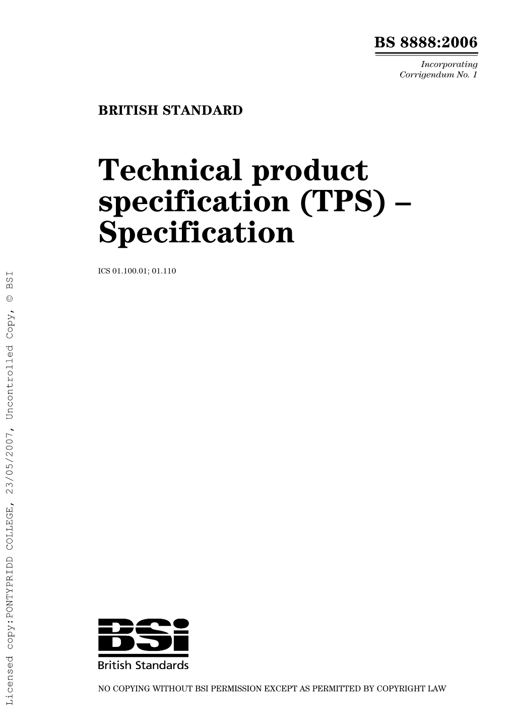 Technical Product Specification (TPS) – Specification