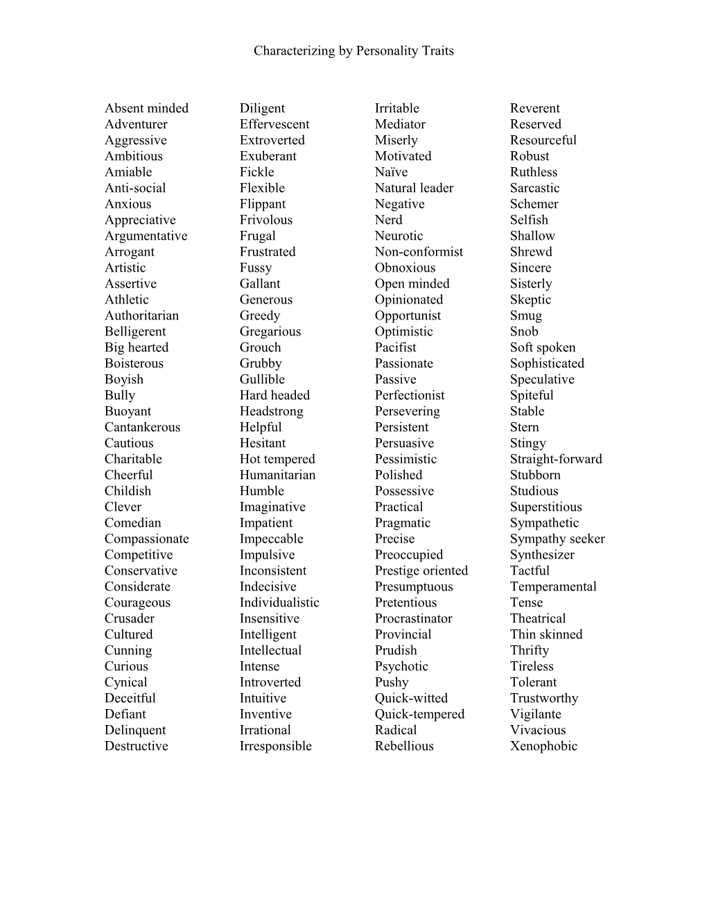 Characterizing by Personality Traits