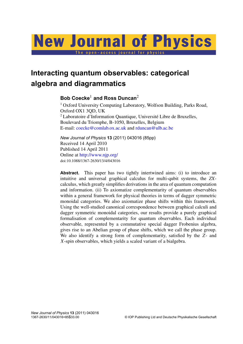Interacting Quantum Observables: Categorical Algebra and Diagrammatics