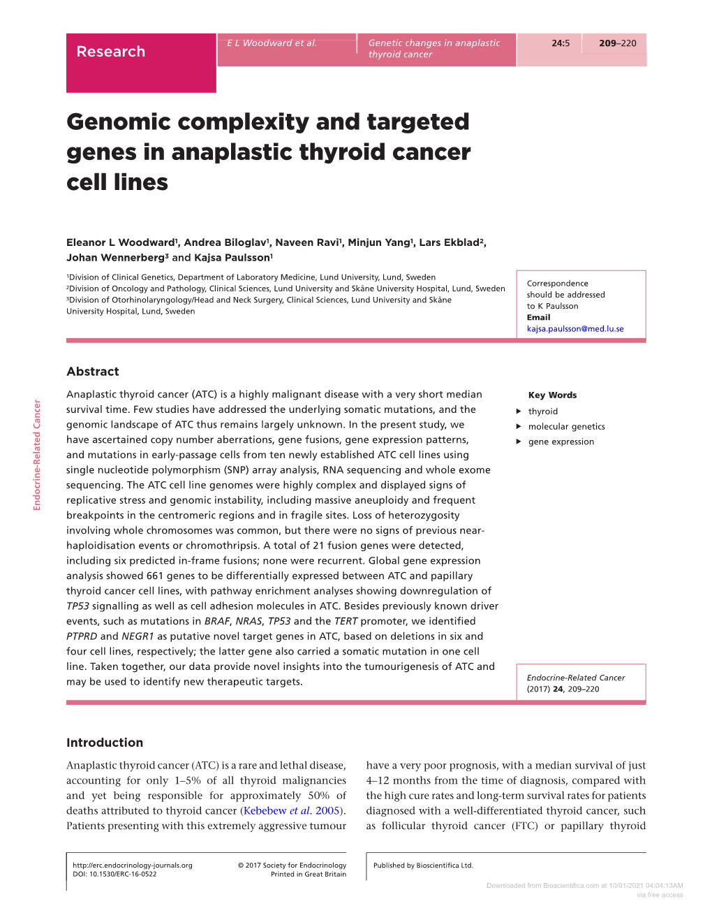 Genomic Complexity and Targeted Genes in Anaplastic Thyroid Cancer Cell Lines