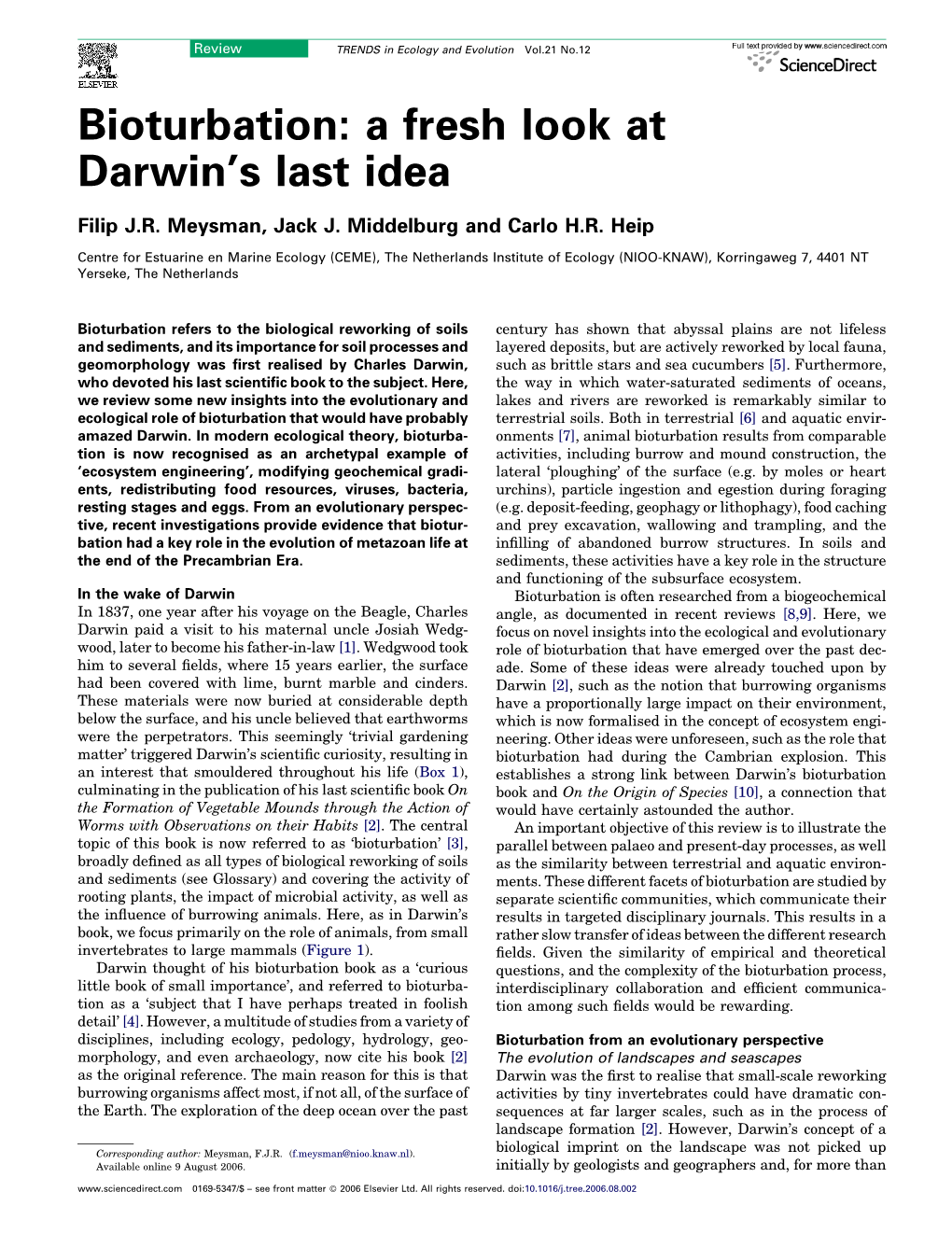 Bioturbation: a Fresh Look at Darwin's Last Idea
