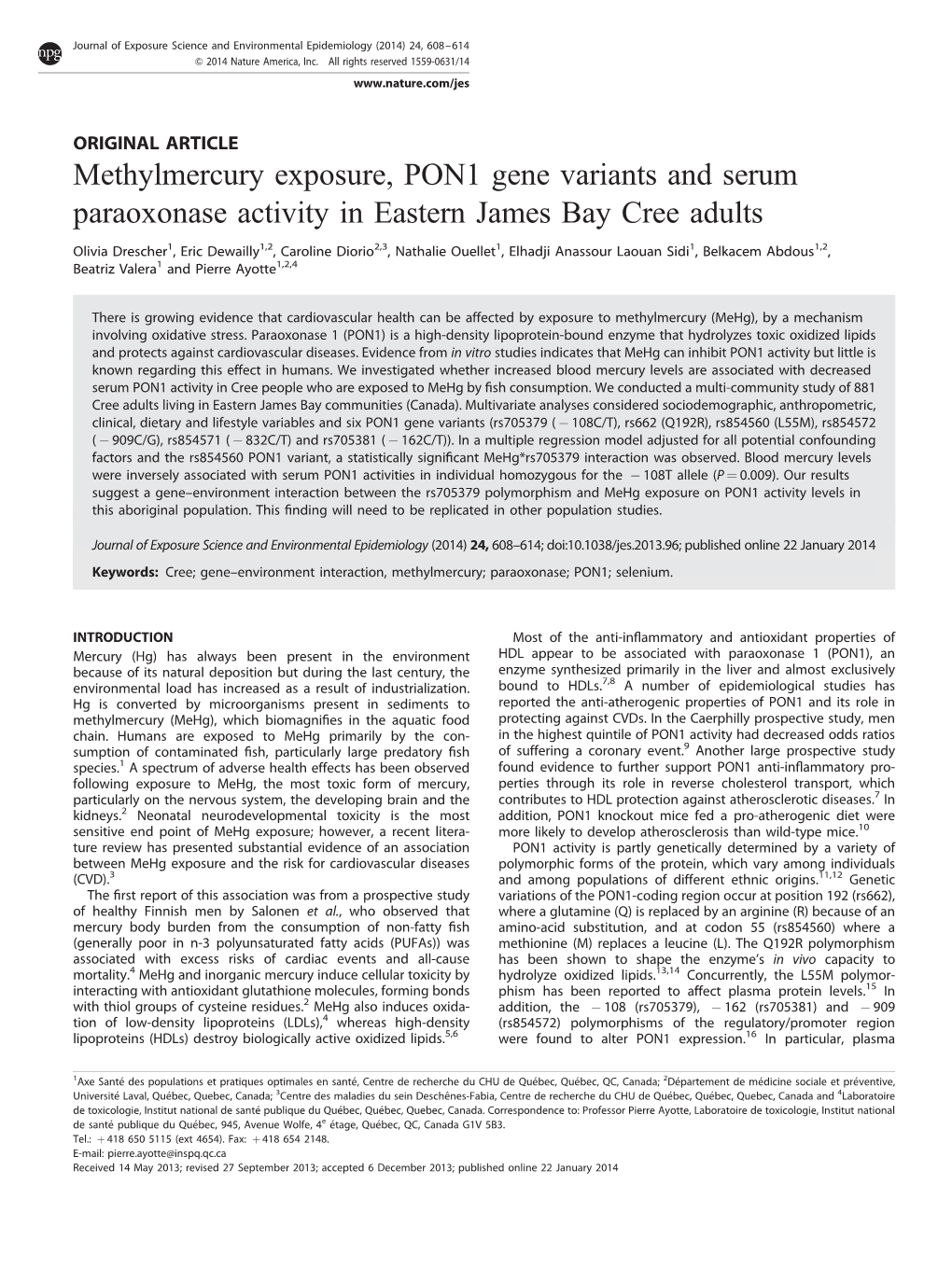 Methylmercury Exposure, PON1 Gene Variants and Serum Paraoxonase Activity in Eastern James Bay Cree Adults
