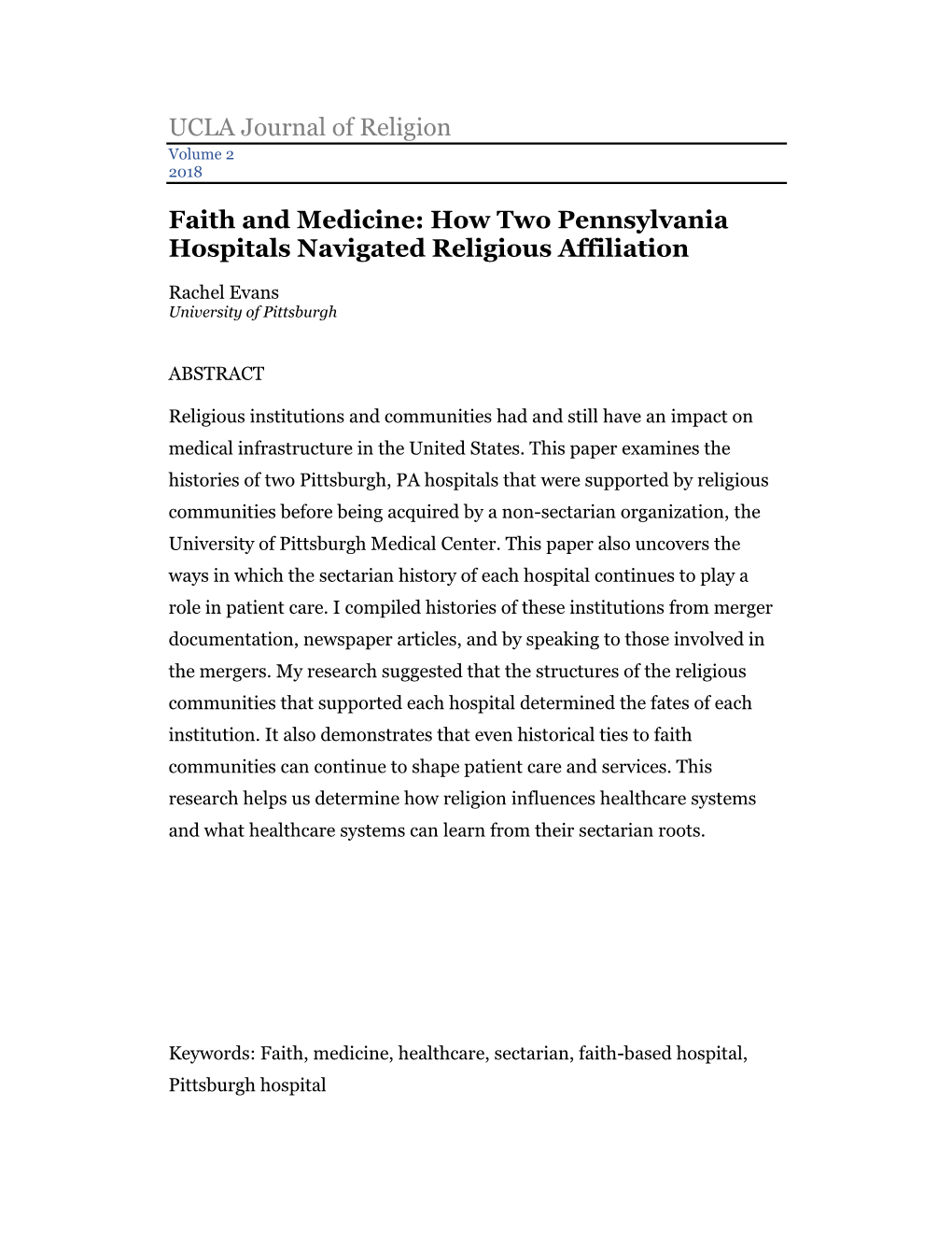 UCLA Journal of Religion Faith and Medicine: How Two Pennsylvania
