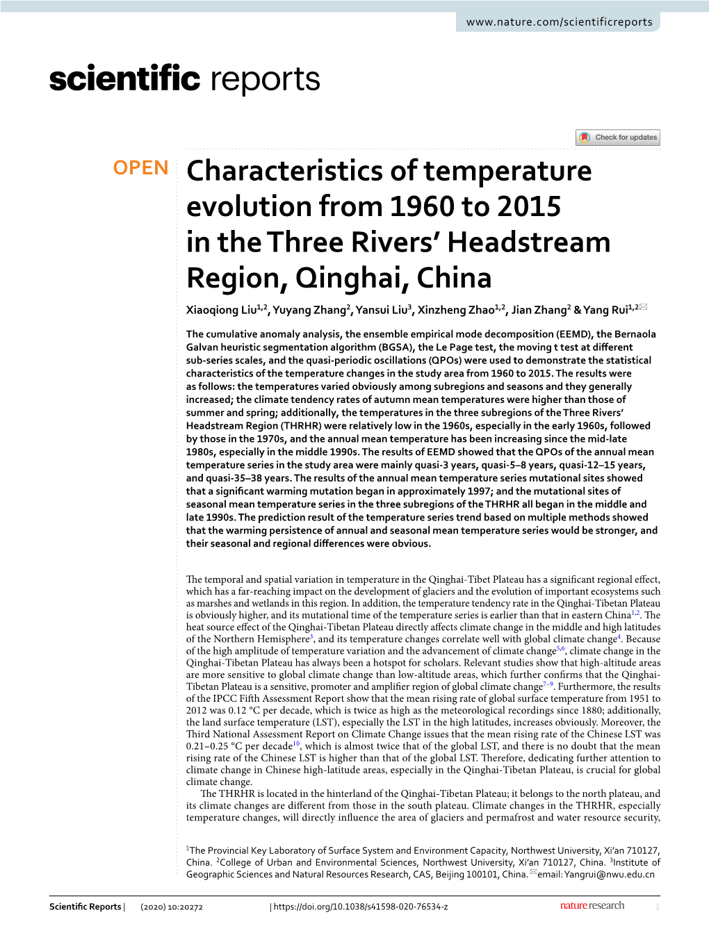 Characteristics of Temperature Evolution from 1960 to 2015 in The