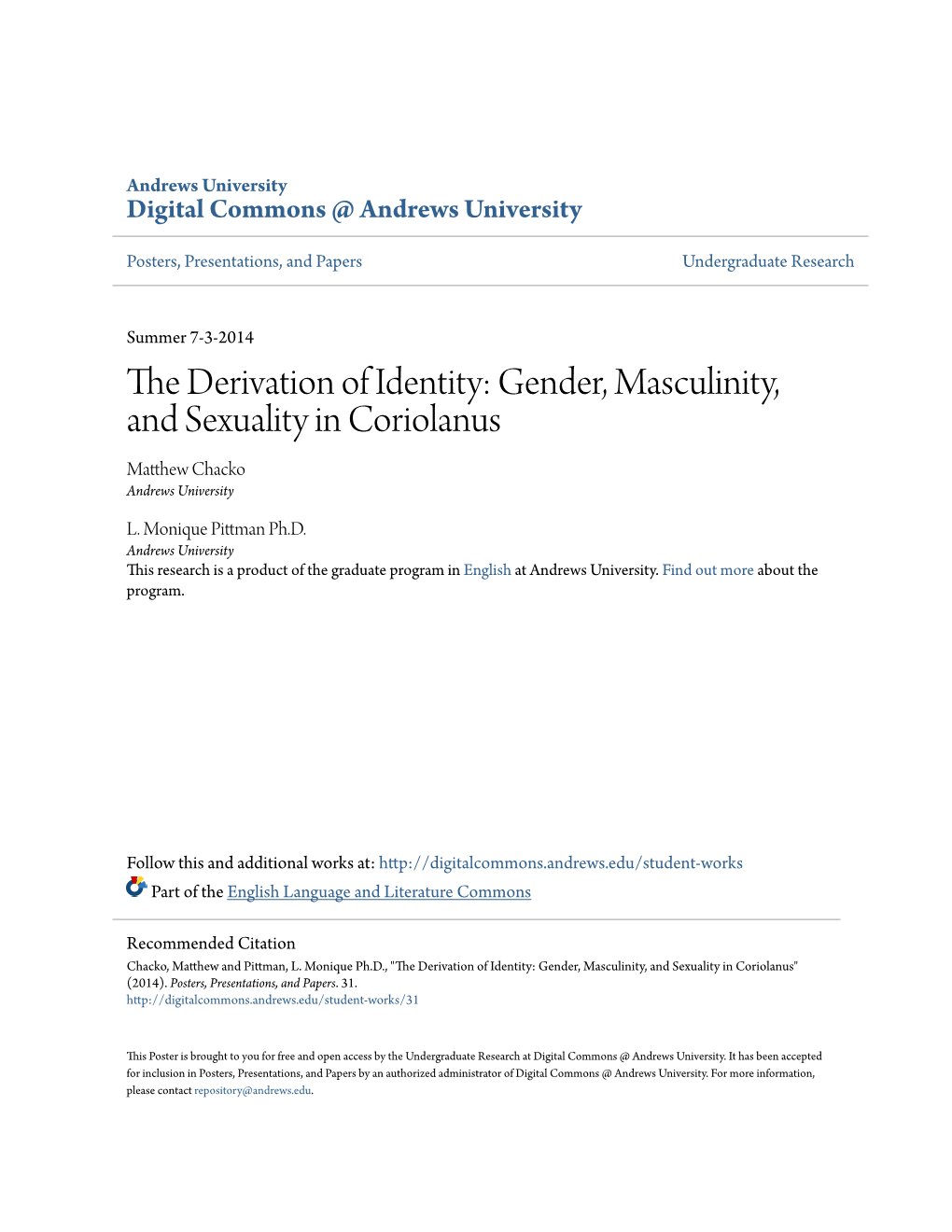 Gender, Masculinity, and Sexuality in Coriolanus Matthew Hc Acko Andrews University