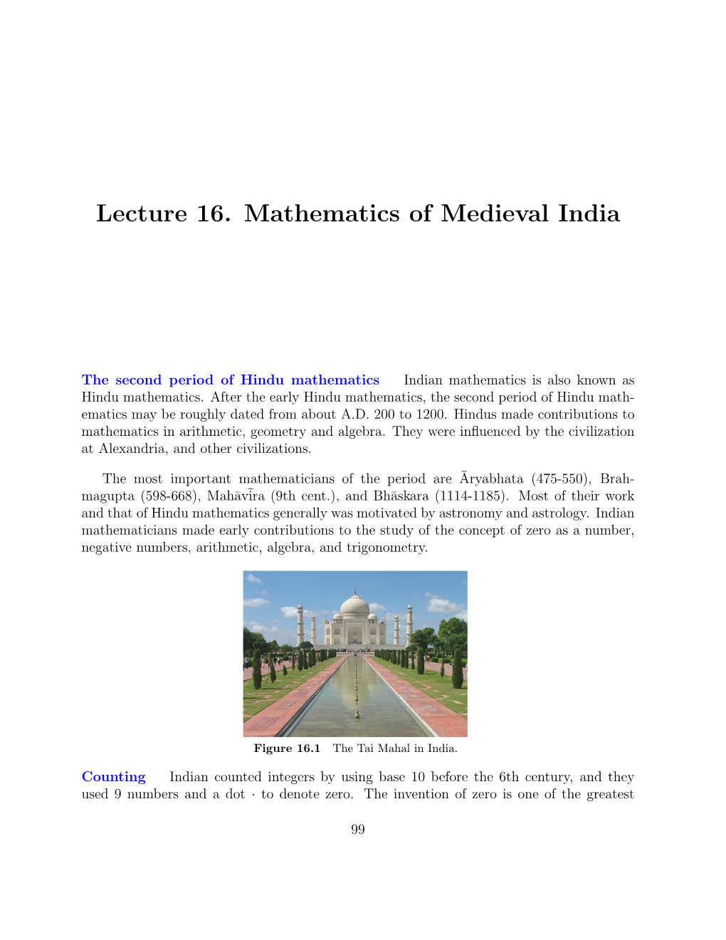 Lecture 16. Mathematics of Medieval India