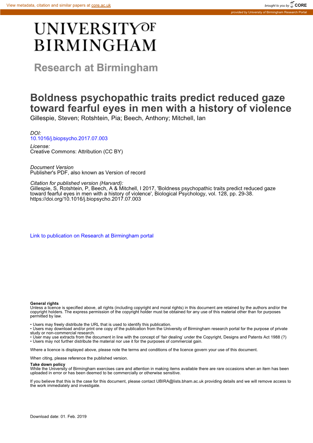 Boldness Psychopathic Traits Predict Reduced Gaze Toward Fearful Eyes in Men with a History of Violence