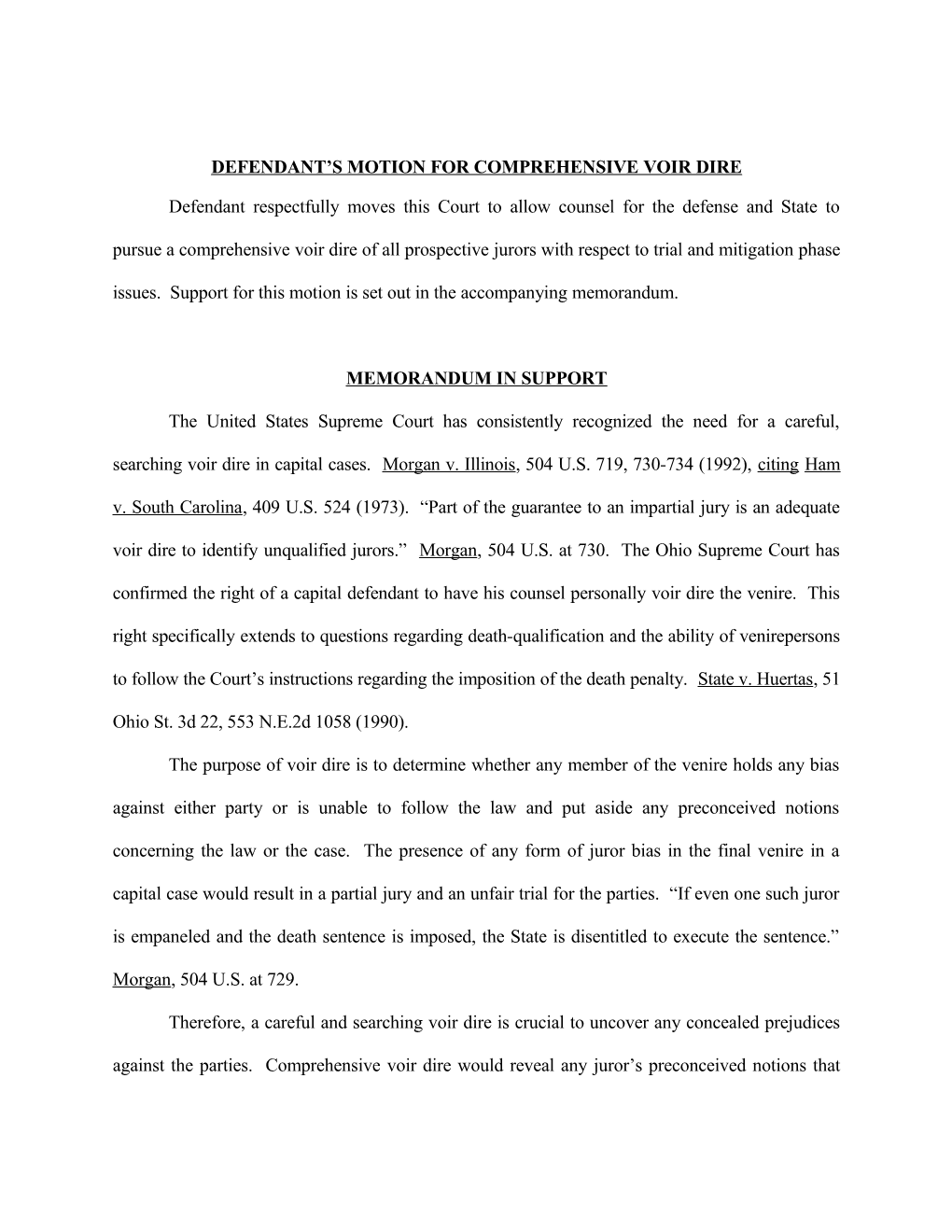 Defendant’S Motion For Comprehensive Voir Dire