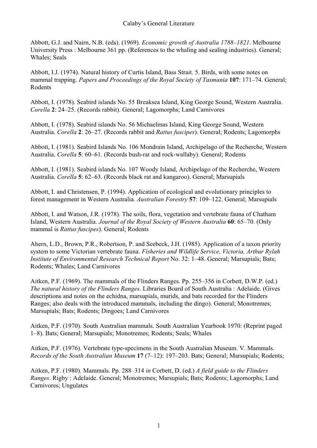 Calaby's General Literature 1 Abbott, G.J. and Nairn, N.B. (Eds). (1969). Economic Growth of Australia 1788–1821. Melbourne