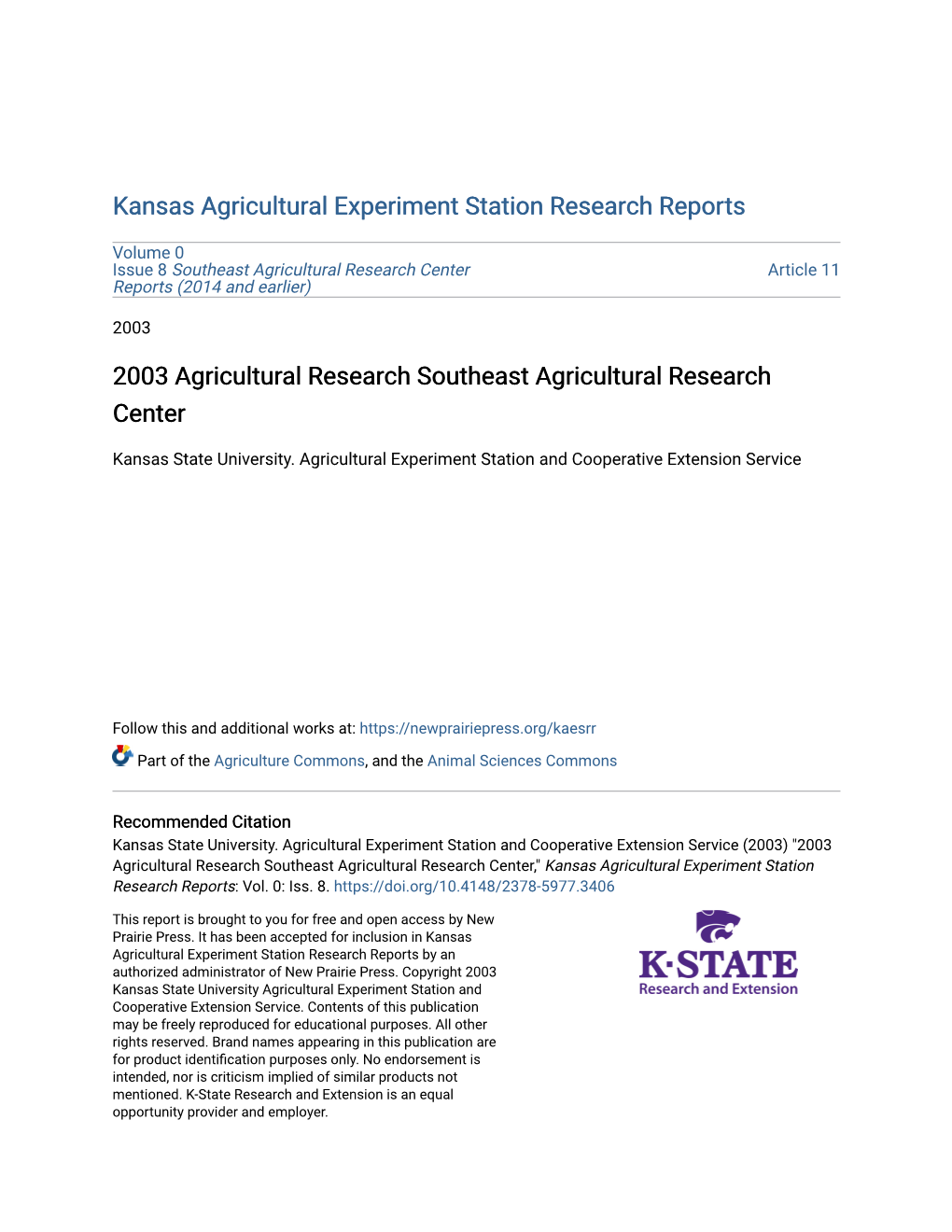 2003 Agricultural Research Southeast Agricultural Research Center