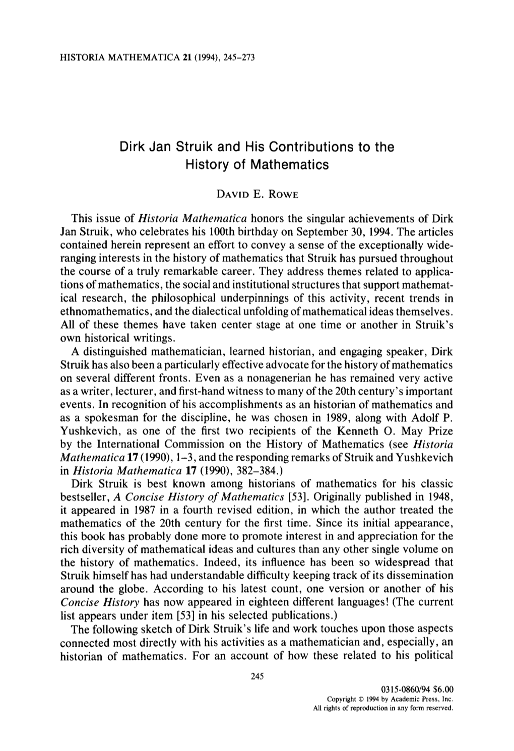 Dirk Jan Struik and His Contributions to the History of Mathematics