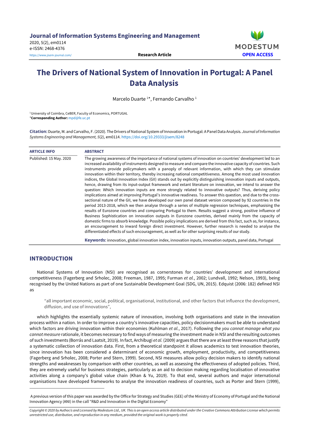 The Drivers of National System of Innovation in Portugal: a Panel Data Analysis
