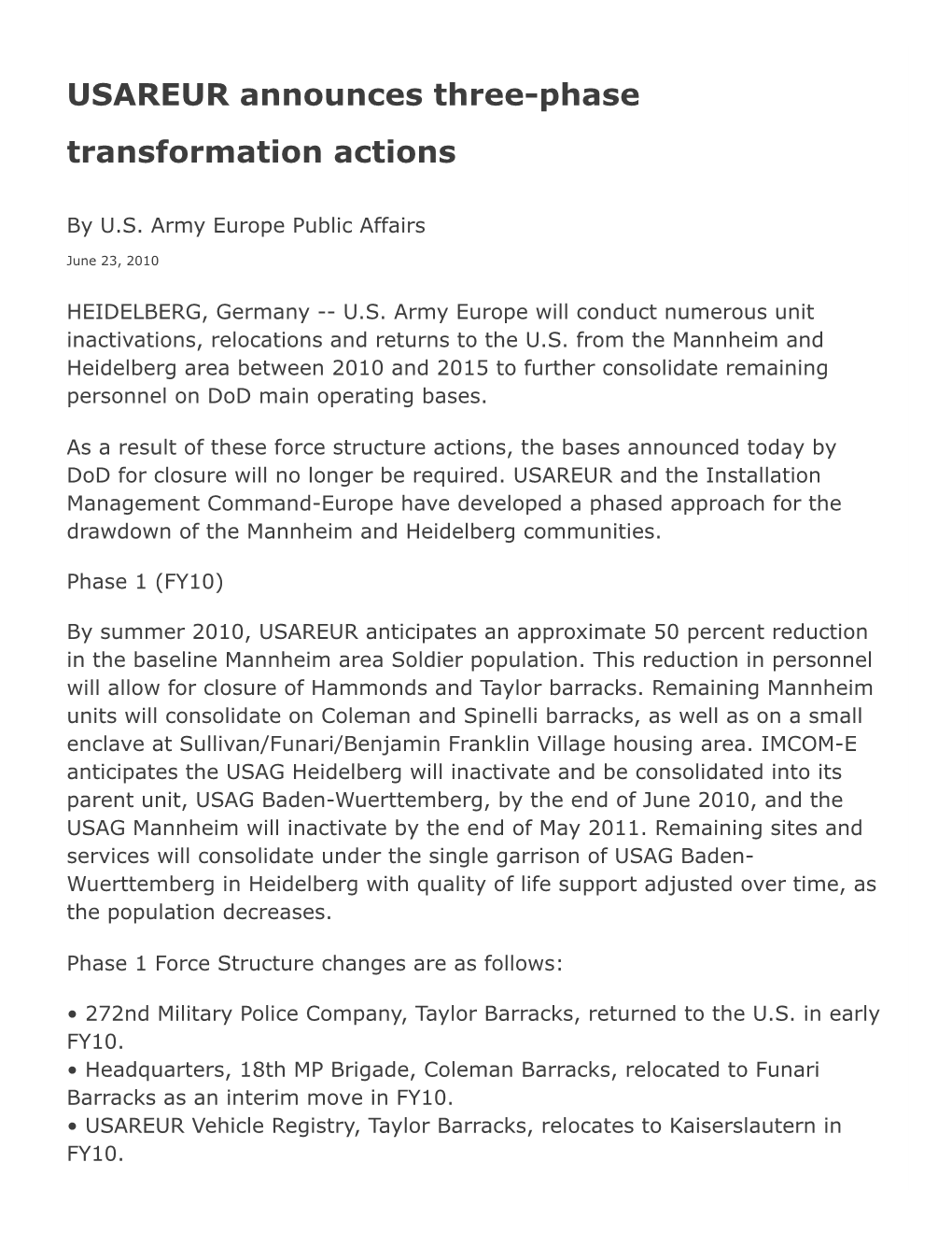 USAREUR Announces Three-Phase Transformation Actions