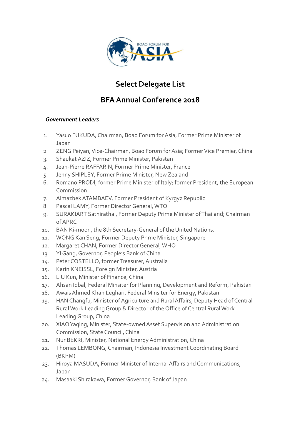 Select Delegate List BFA Annual Conference 2018