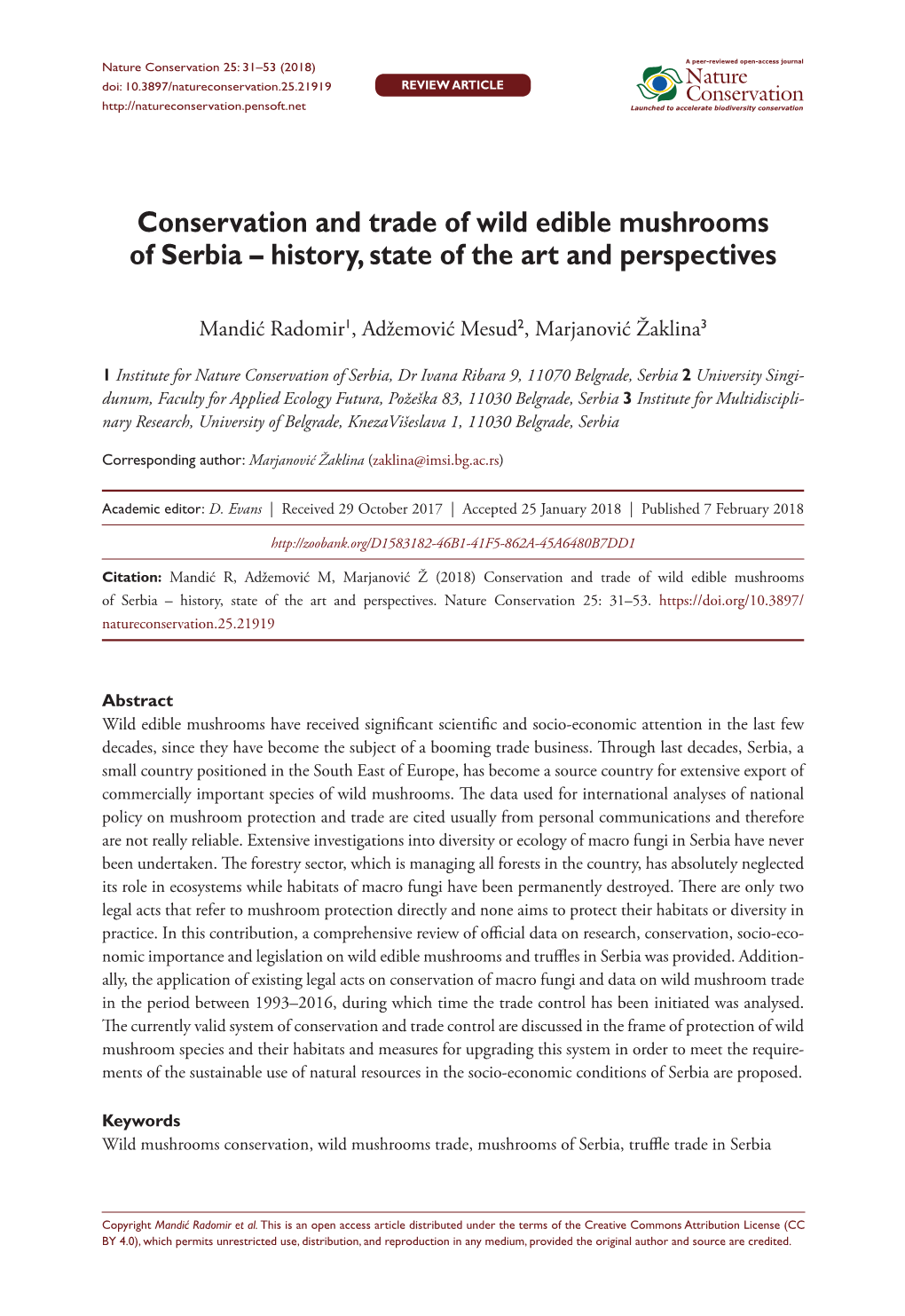 Conservation and Trade of Wild Edible Mushrooms of Serbia–History, State
