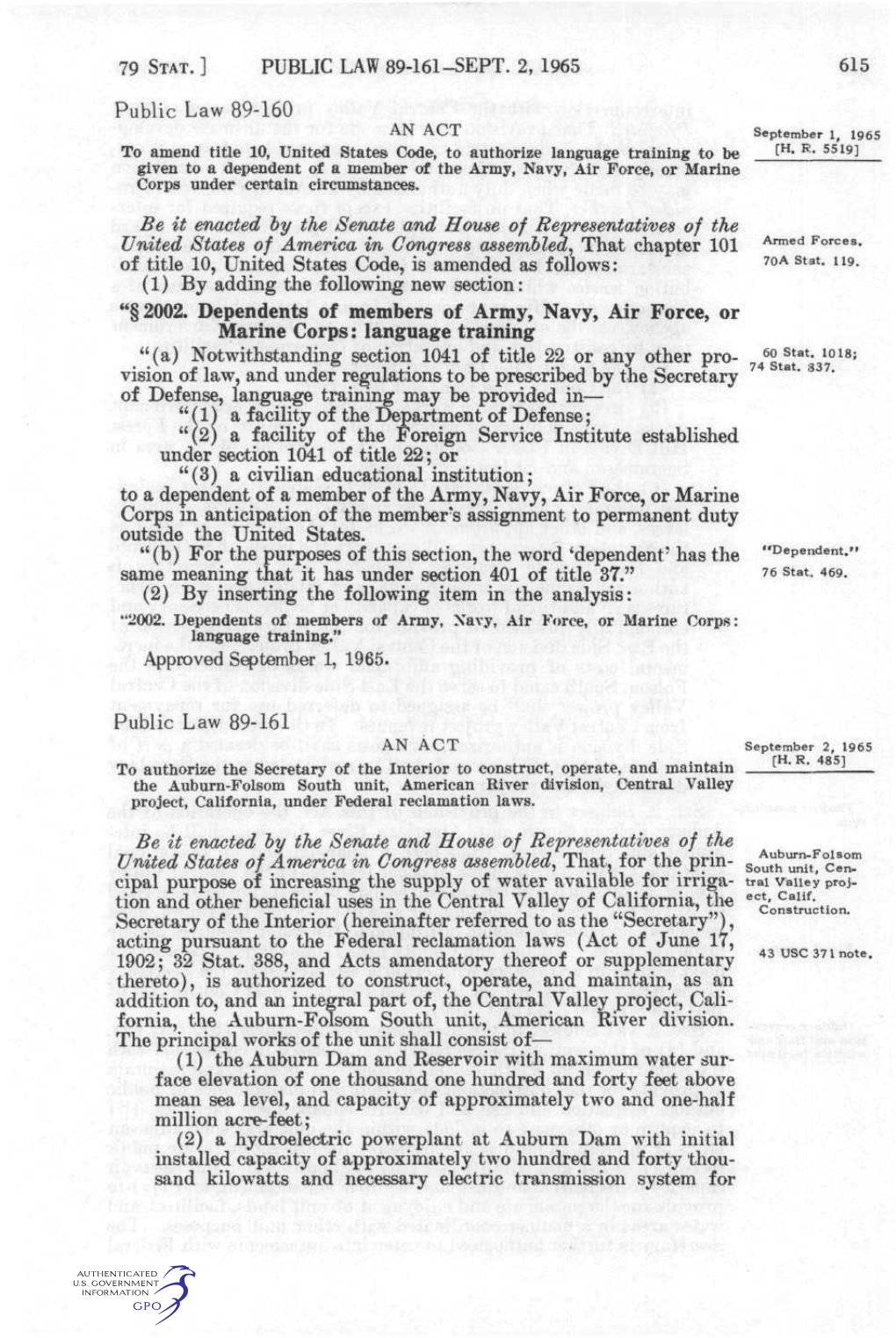 PUBLIC LAW 89-161-SEPT. 2, 1965 615 Public Law 89