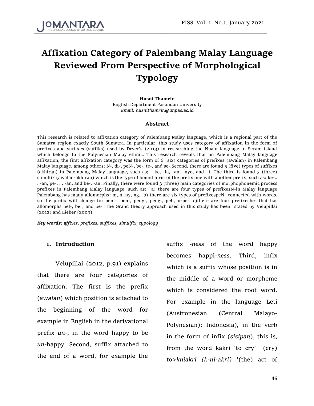 Affixation Category of Palembang Malay Language Reviewed from Perspective of Morphological Typology