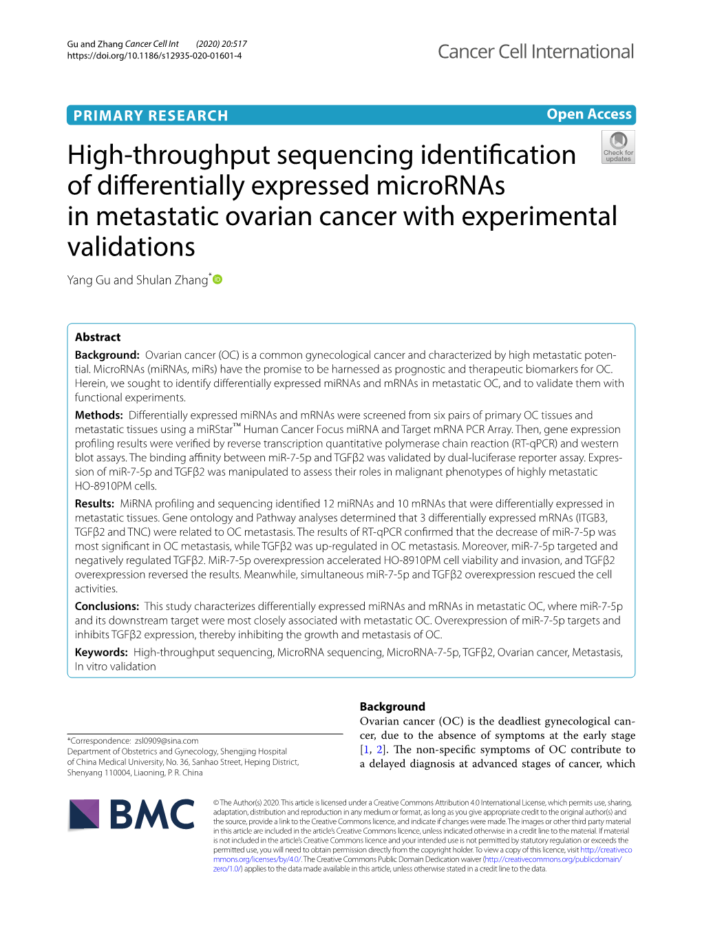 High-Throughput Sequencing Identification of Differentially Expressed Micrornas in Metastatic Ovarian Cancer with Experimental V