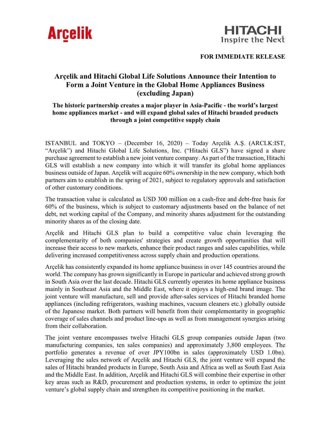 Arçelik and Hitachi Global Life Solutions Announce Their Intention to Form a Joint Venture in the Global Home Appliances Busine