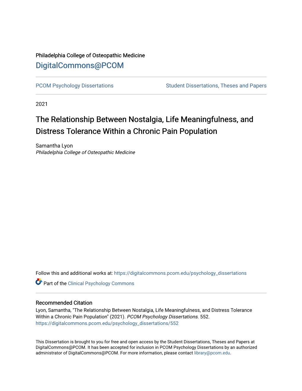 The Relationship Between Nostalgia, Life Meaningfulness, and Distress Tolerance Within a Chronic Pain Population
