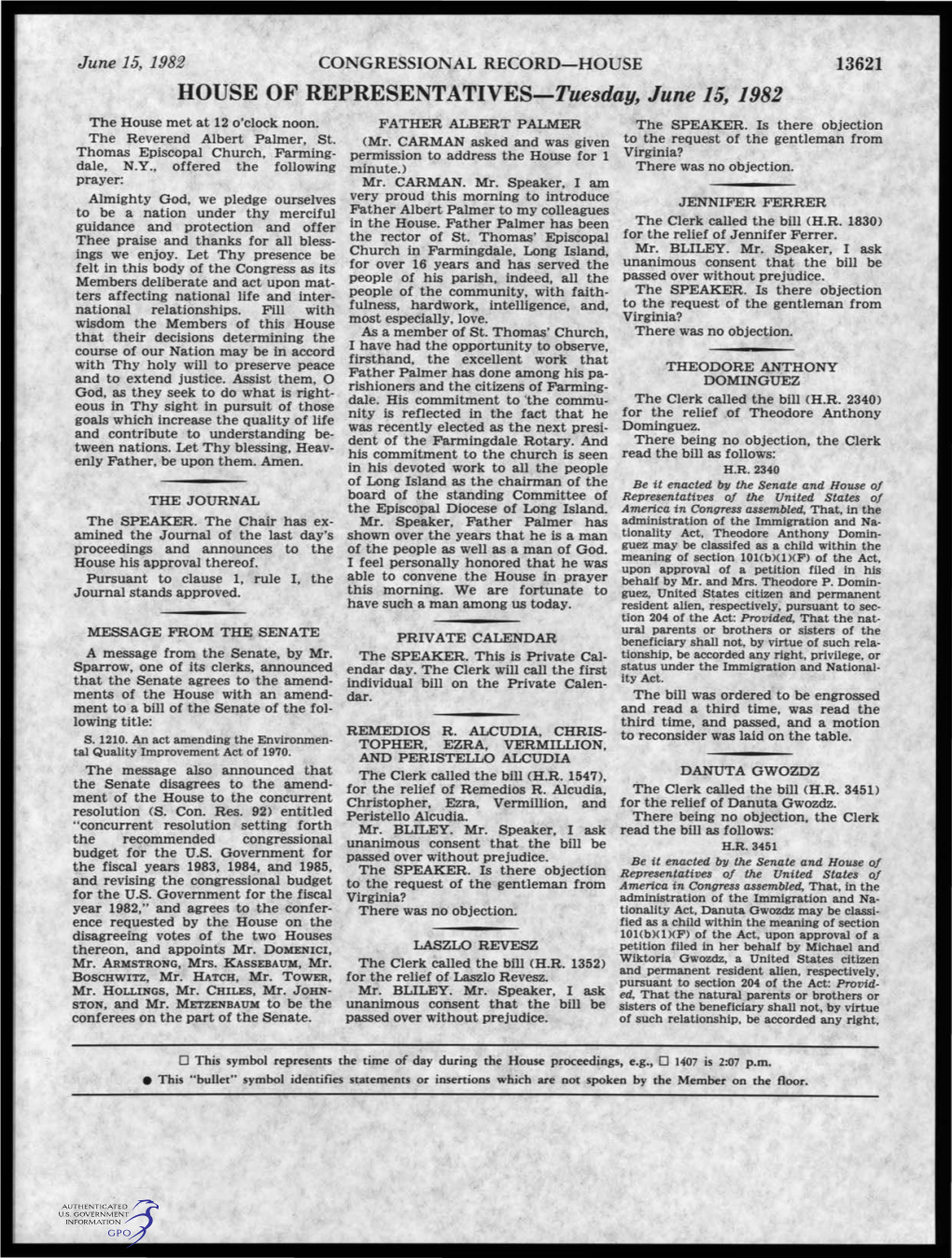 HOUSE of REPRESENTATIVES-Tuesday, June 15, 1982 the House Met at 12 O'clock Noon