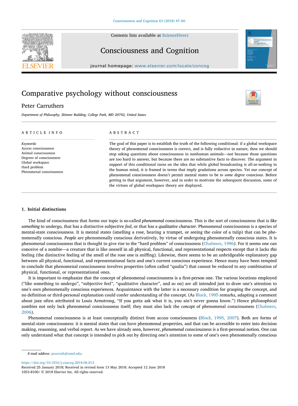 Comparative Psychology Without Consciousness T Peter Carruthers